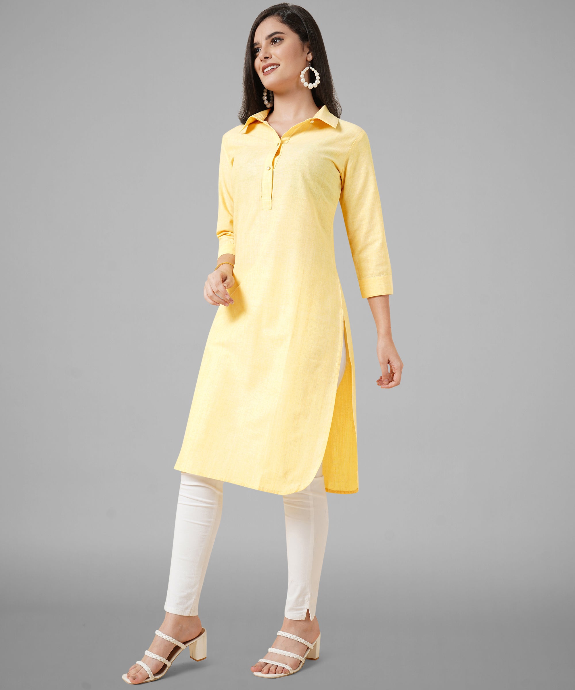 Buy Cotton Kurti Front Plates & Button Button Design with neck pendant  (YELLOW) at Amazon.in